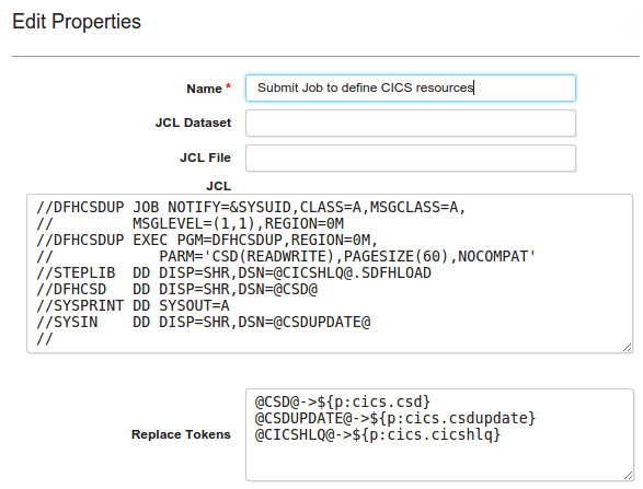 Image showing the Submit Job step configured to define some CICS resources