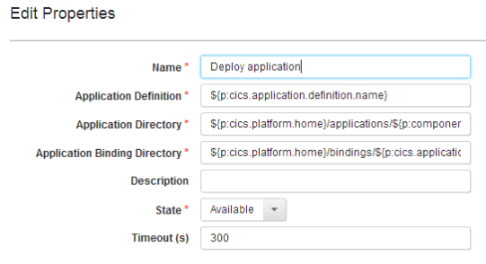 Image showing the default values for the Deploy application step