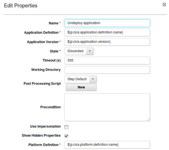 default values for the Deploy application step