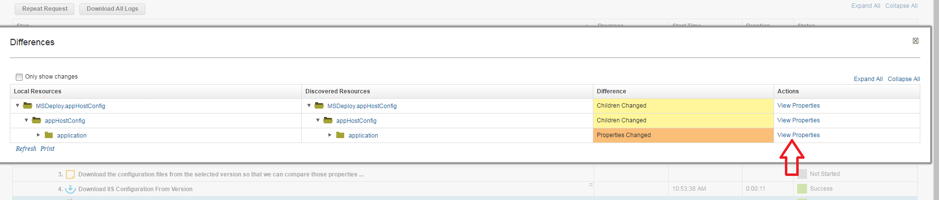 Figure 4. The Differences window that is displayed after you click the compare icon. The arrow points to the link to view changed properties.