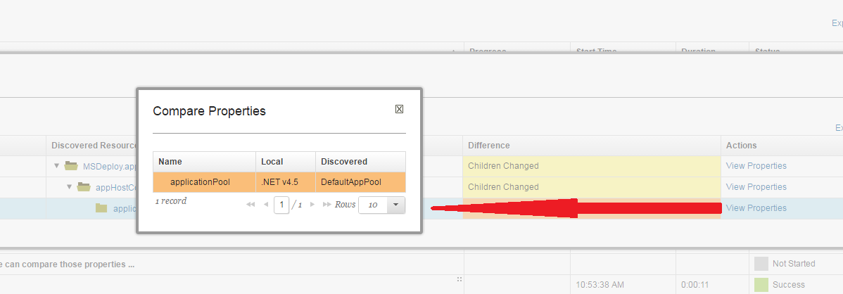 Figure 5. The Compare Properties window that is displayed after you click View Properties. The Compare Properties window shows the changed properties.